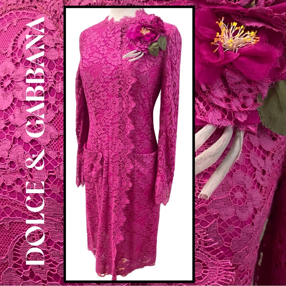 DOLCE $ GABBANA  Fuchsia Lace Silk Coat Dress 8/42 Flower Corsage NEW Tag